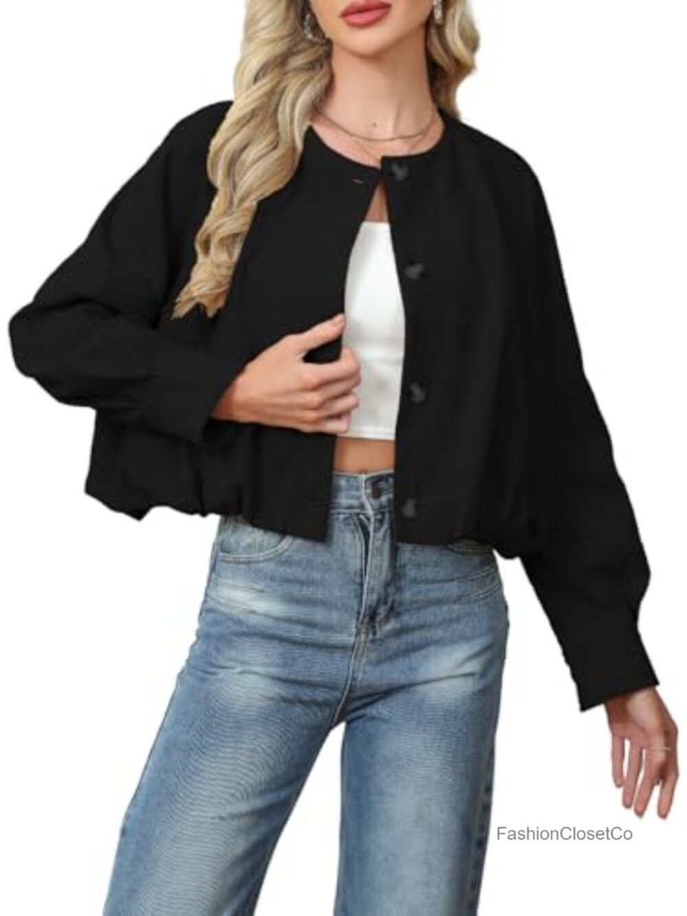 Cropped Faux Suede Collarless Bomber Jacket Button Up Open Front Oversized Coat